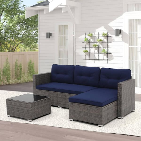 Freestyle 3-Piece Wicker Grey Outdoor Patio Small Conversation Set with Navy Blue Cushions