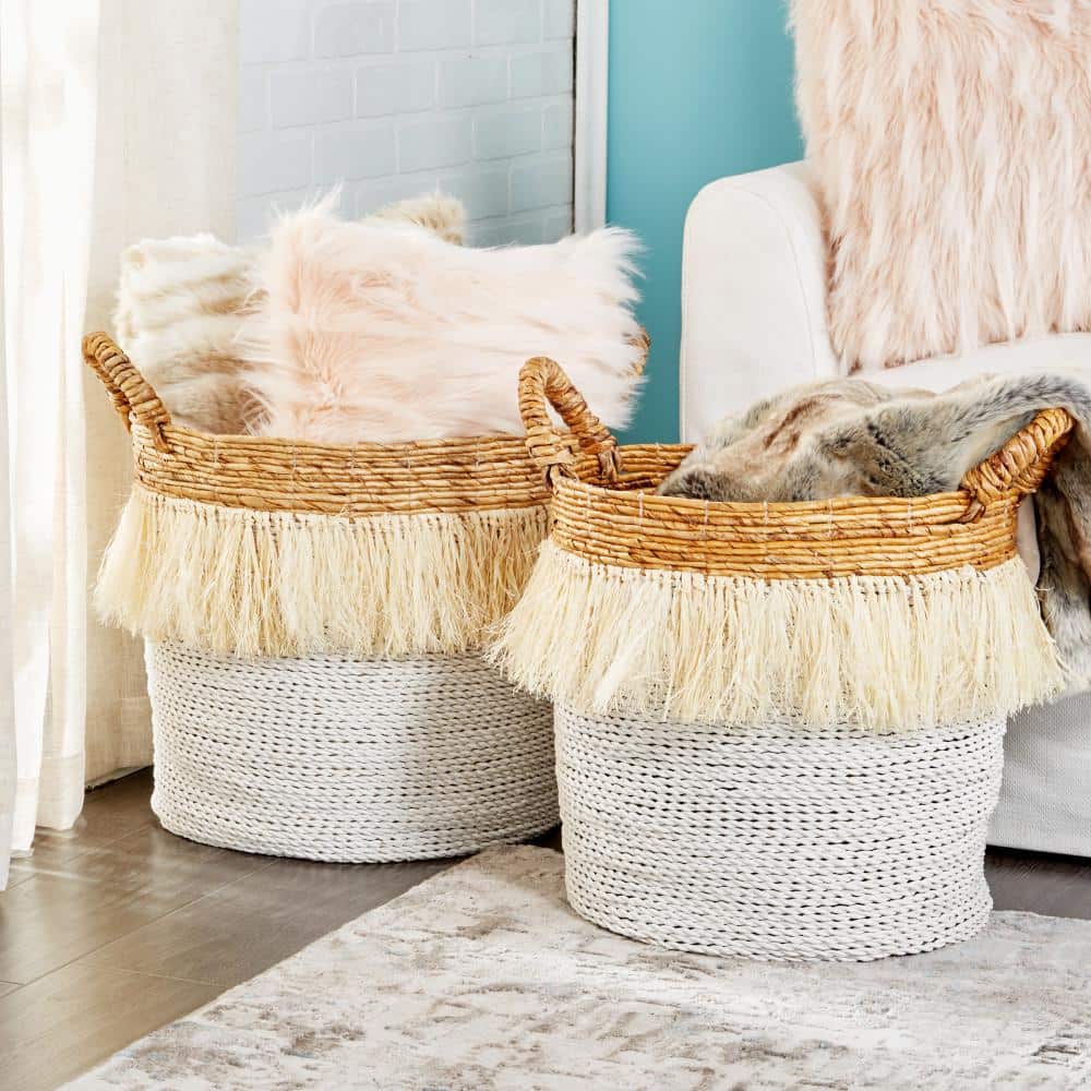 White and Natural Seagrass Round Storage Basket Set