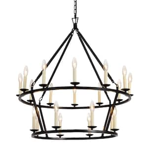 20-Light Matte Black Candle Style Wagon Wheel Chandelier