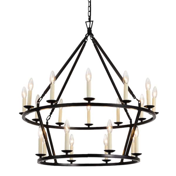 LamQee 20-Light Matte Black Candle Style Wagon Wheel Chandelier