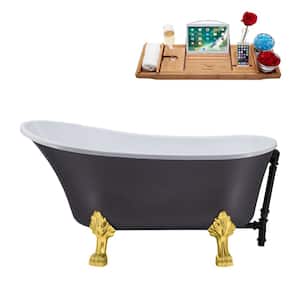 55 in. Acrylic Clawfoot Non-Whirlpool Bathtub in Matte Grey With Polished Gold Clawfeet And Matte Black Drain