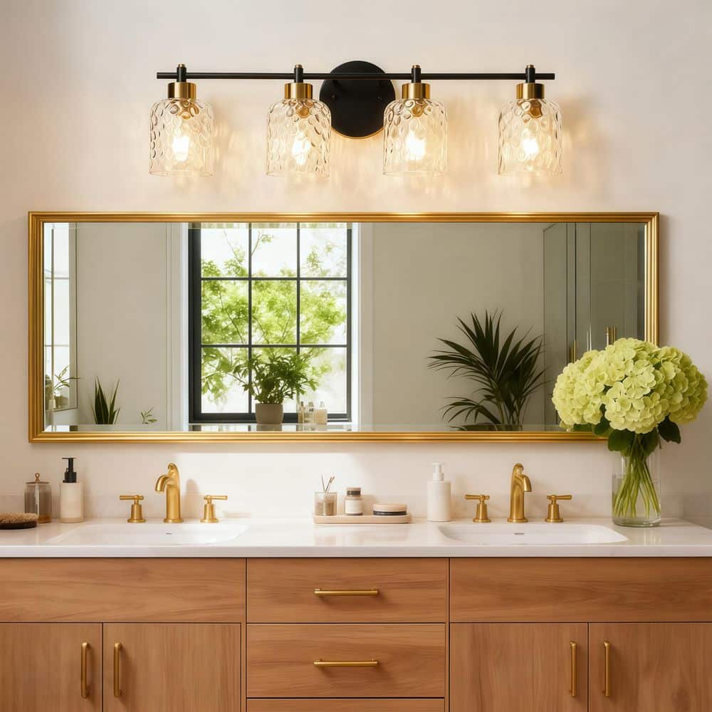 31 in. 4-Light Modern Black and Gold Bathroom Vanity Light with Clear Rippled Glass Shades for Hallway Wall Lighting price history on PriceWatchPro