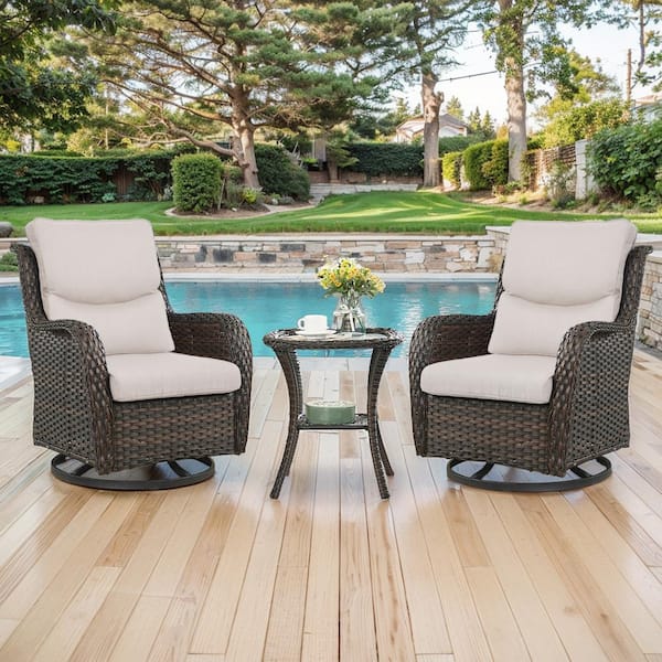Pocassy Crescent Moon Brown 3-Piece Wicker Patio Conversation Deep Seating Set with Beige Cushions