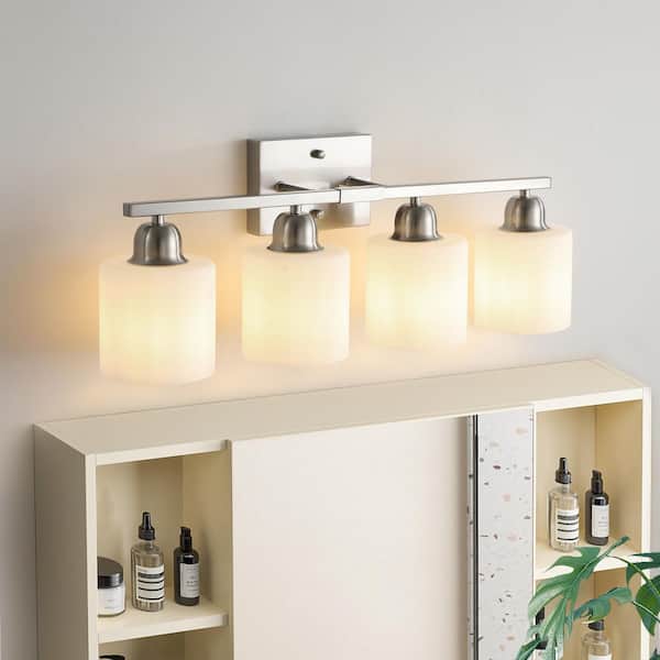 25 in. 4-Light Brushed Nickel Bathroom Vanity Light Fixture with Milky White Frosted Glass Shades, no bulbs included