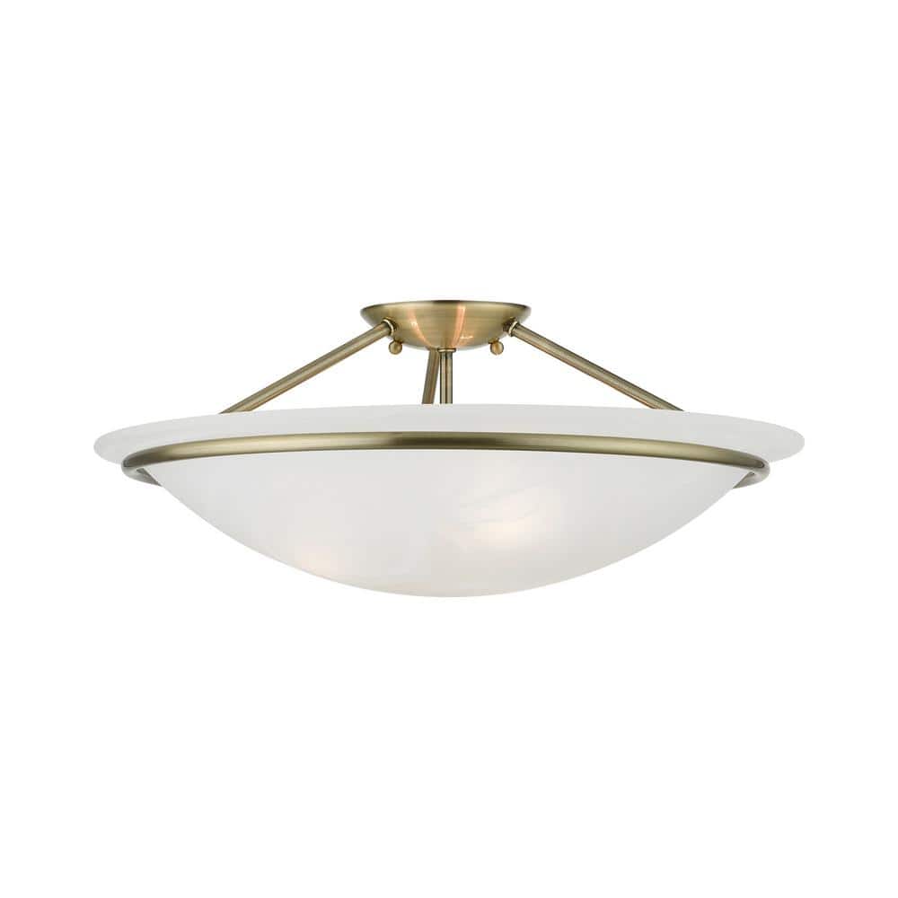 Antique Brass 3-Light Semi-Flush Mount with Alabaster Glass