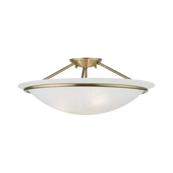 Newburgh 20 in. 3-Light Antique Brass Semi-Flush Mount with White Alabaster Glass