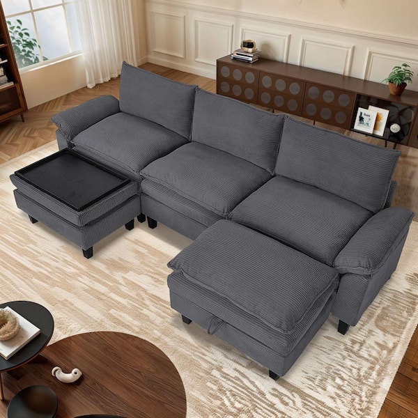 117.7 in. Pillows Armrests 5-piece U Shaped Corduroy DIY Combination Modular Sectional Sofa in. Grey with 2 Ottomans