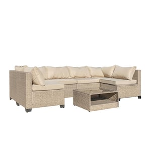 Light Khaki 7-Piece Wicker Outdoor Patio Conversation Set Sectional Sofa with Beige Cushions and Glass-top Coffee Table
