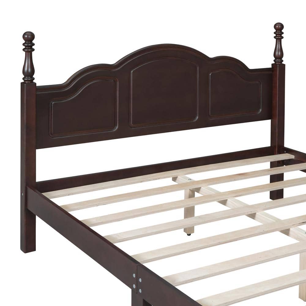 Dark Walnut (Dark Brown) Wood Frame Queen Size Platform Bed with Retro Style Headboard - thumbnail 5
