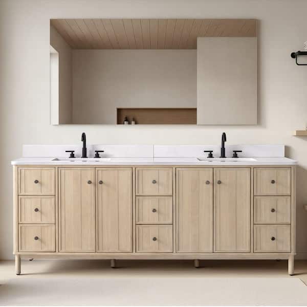 Lugano 84 in. Double Sink Freestanding Light Wheat Bathroom Vanity with Milano Mist Engineered Stone Top