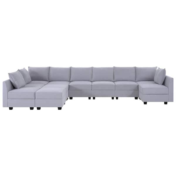 HOMESTOCK 164.38 in Modern 9-Seater Upholstered Sectional Sofa with Double Ottoman - Gray Linen Sofa Couch for Living Room/Office