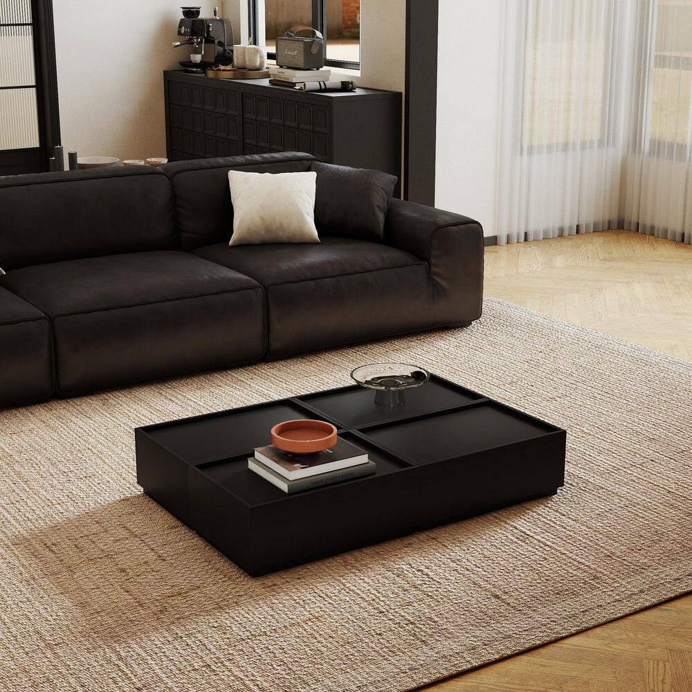 47 in. Black Rectangle Wood Coffee Table Modular Stackable Center Table with Storage (Set of 4)