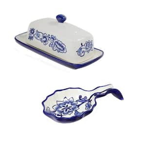 Blue Garden Ceramic Butter Dish and Spoon Rest (2-Piece)