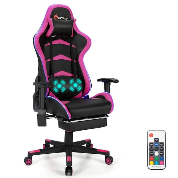 Goplus Massage LED Gaming Chair Reclining Racing Chair with Lumbar Support and Footrest in Pink