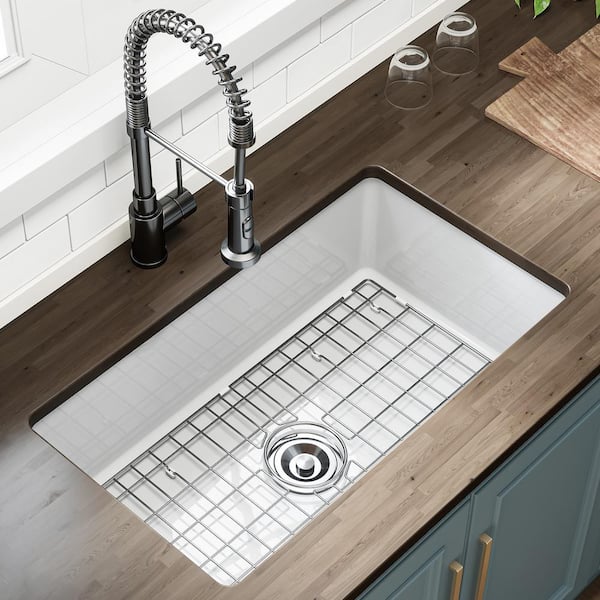 White Fireclay 32 in. Single Bowl Undermount/Drop-In Kitchen Sink with Basket Strainer and Sink Grid