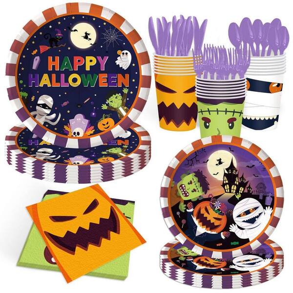 168-Piece Halloween Cartoon Pumpkin Ghost Tableware Set with Plates, Cups, Napkins, Cutlery for 24-Guest Party Supplies