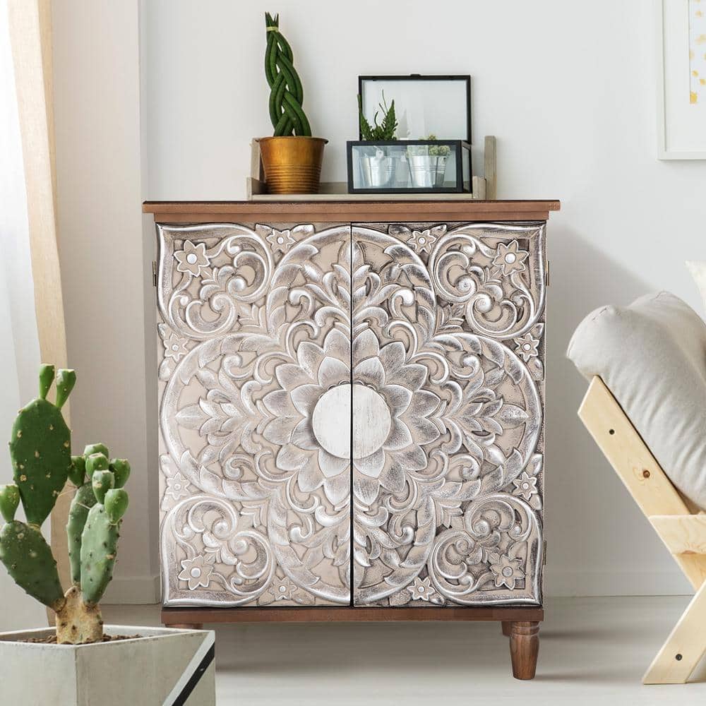 38 in. Floral Brown Accent Storage Cabinet with 2 Door
