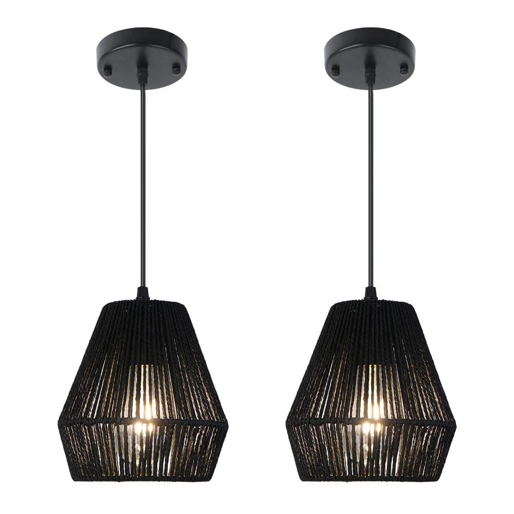 1-Light 2-Pack Boho Black Rattan Pendant Light (Set of 2) with Black Shade 