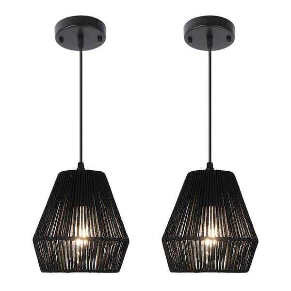 Unbranded 1-Light 2-Pack Boho Black Rattan Pendant Light (Set of 2) with Black Shade for Dining Room Kitchen Island Foyer