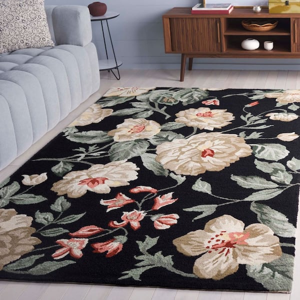 Jardin 6 ft. x 6 ft. Black/Beige Floral Leaves Square Area Rug
