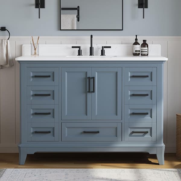 Rawsonville 49 in. Single Sink Freestanding Steel Blue Bath Vanity with White Quartz Top and Backsplash Assembled