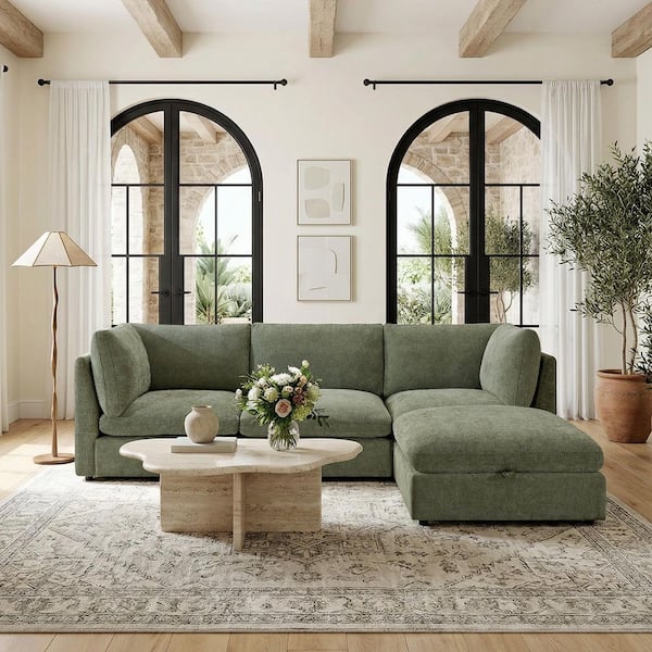 105 in. Chenille Modular Couch Square Arm 4-Piece L-Shaped Sectional Sofa with Storage Ottoman in Moss Green