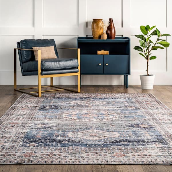 nuLOOM Blue 3 ft. x 8 ft. Drina Distressed Machine Washable