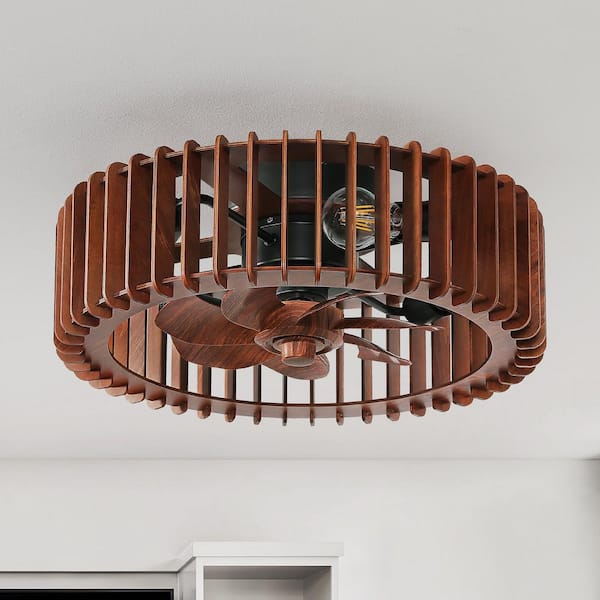 12 in. Indoor Brown Farmhouse Wooden Cage Flat Ceiling Fan With Light And Remote Control 6-Speed Reversible Motor