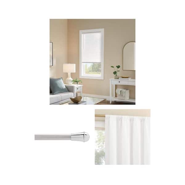 28-48 in. Satin Nickel Cafe Curtain Rod, 40 in. x 63 in. Blackout Curtain, 34 in. x 64 in. Mini Blind Combo (3 Piece)