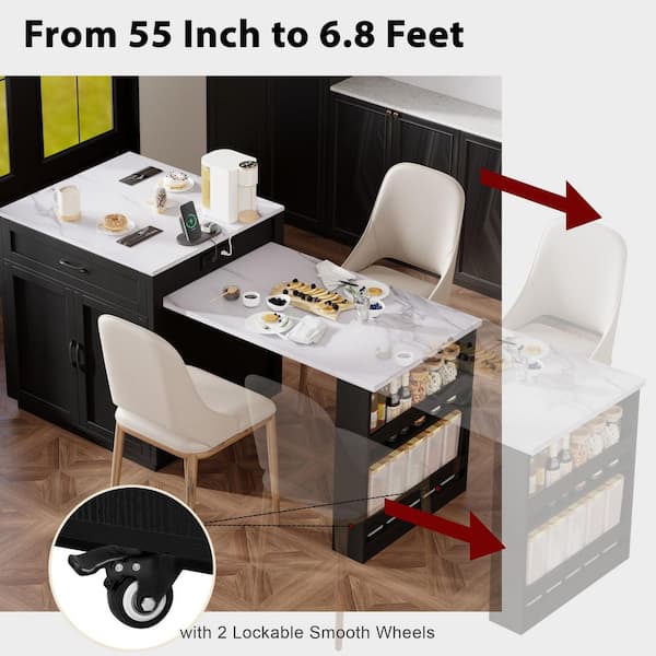 Xspracer Oasis Black Wood 82.7 in. Kitchen Island with Extendable