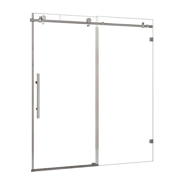 ANGELES HOME 60 in. W x 72 in. H Sliding Frameless Shower Door in Brushed Nickel Finish with 3/8 in. Clear Glass