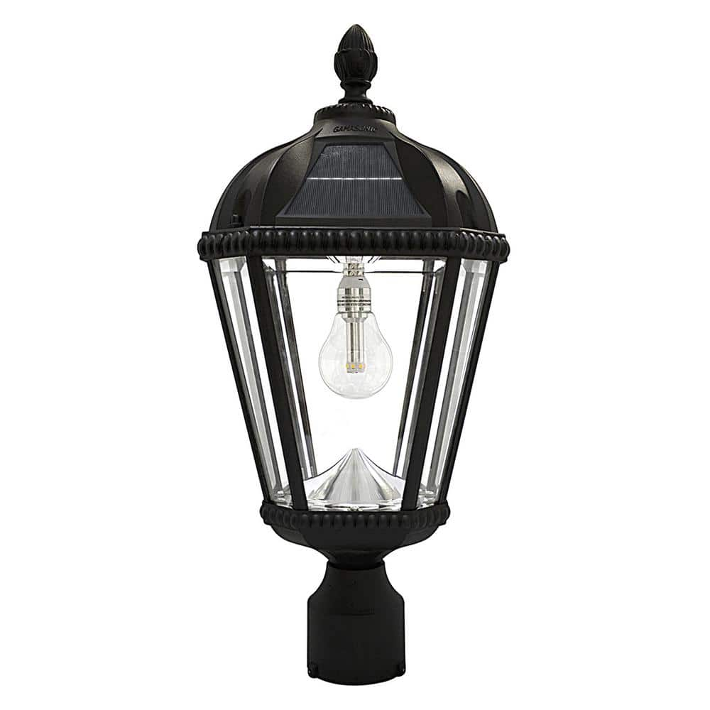 Gama Sonic Outdoor Solar Post Light  Black Aluminum  Royal Bulb  Beveled Glass  Single Lamp with 3-inch Fitter for Lamp Posts or Pier Mount (Sold Separately) Warm White LED  98B012