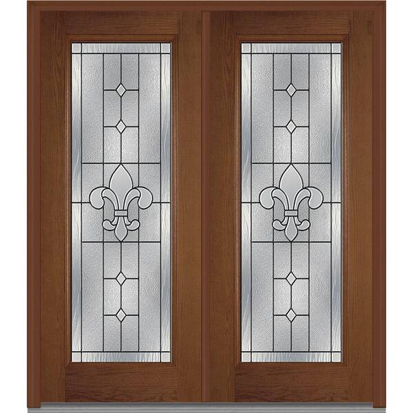 MMI Door 64 in. x 80 in. Carrollton Right-Hand Inswing Full Lite Decorative Glass Stained Fiberglass Oak Prehung Front Door