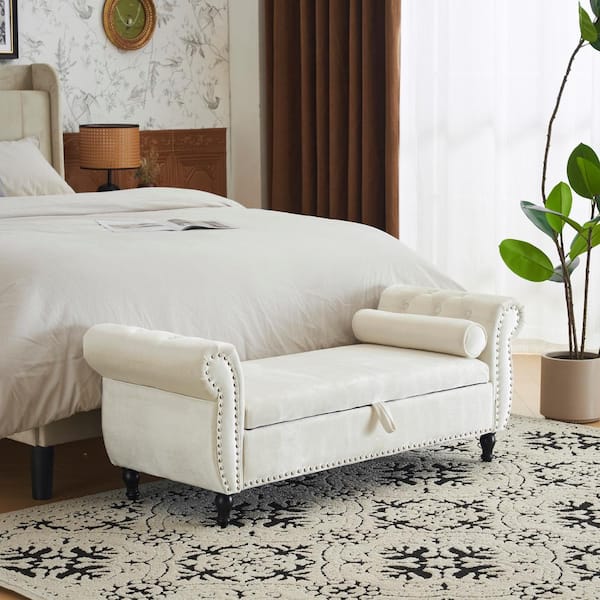 Noble House Beige Velvet Storage Ottoman Bench with Pillow