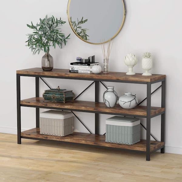 Benjamin 55 in. Rustic Brown Standard Rectangle Wood Console Table with 3 Tiers Shelf Living Room Home Hallway Entrance
