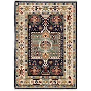 Lillian Blue/Ivory Doormat 3 ft. x 5 ft. Traditional Oriental Medallion Wool/Nylon Blend Fringed-Edge Indoor Area Rug