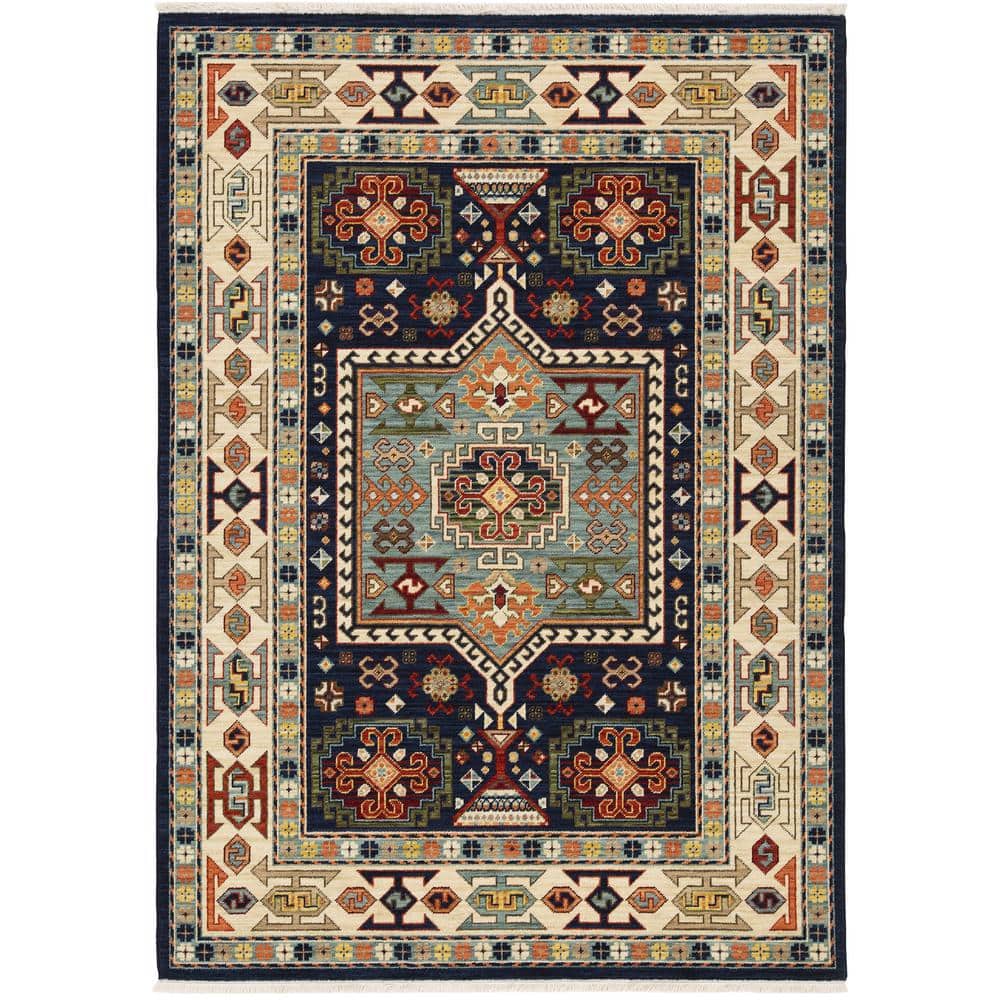 Lillian Blue/Ivory 5 ft. x 8 ft. Traditional Oriental Medallion Wool/Nylon Blend Fringed-Edge Indoor Area Rug price history on PriceWatchPro