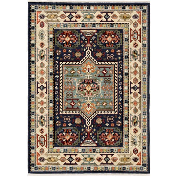 AVERLEY HOME Lillian Blue/Ivory 10 ft. x 13 ft. Traditional Oriental Medallion Wool/Nylon Blend Fringed-Edge Indoor Area Rug