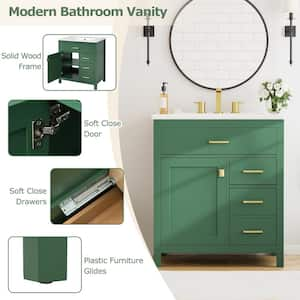 30 in. W Freestanding Single Sink Bath Vanity in Green with White Ceramic Top and Ample Storage