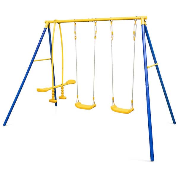 Gymax Metal Swing Set for Backyard with A-Frame Stand and Adjustable Hanging Ropes