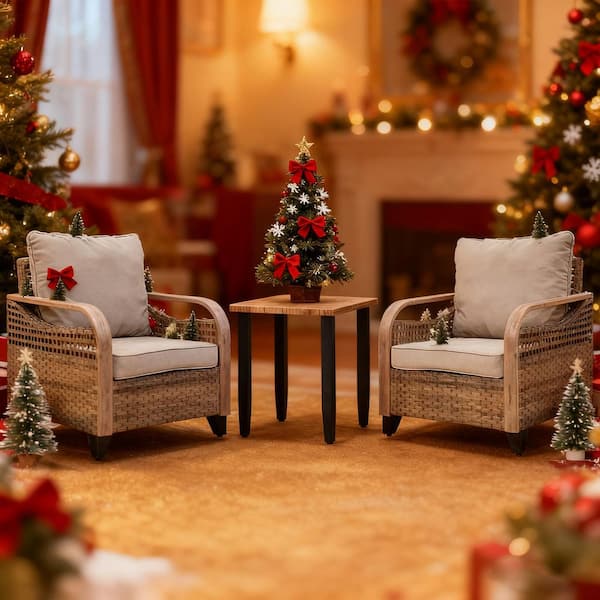 3-Piece Brown Wicker Patio Bistro Set Outdoor Single Sofa Set with Gray Cushions