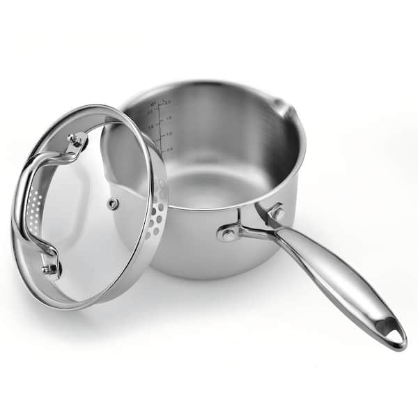 2 qt. Tri-Ply Stainless Steel Sauce Pan with Lid, Multipurpose Sauce Pan, Sauce Pot with for Easy Pour, Ergonomic Handle