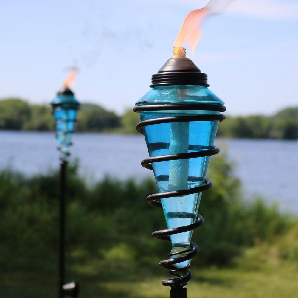 Blue Glass and Metal Swirl Adjustable Height Outdoor Torch Set