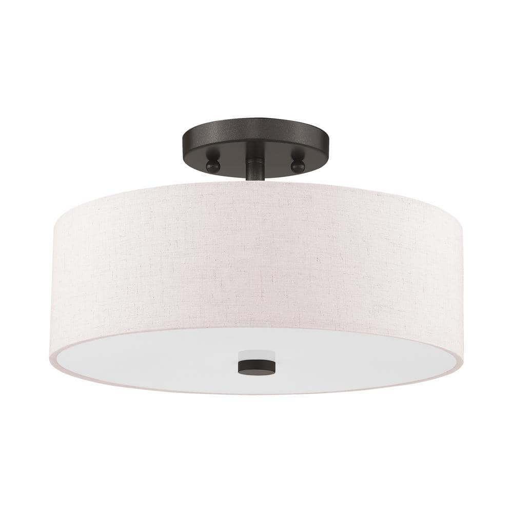 Meridian English Bronze 13" Drum Semi-Flush Mount with Oatmeal Fabric Shade