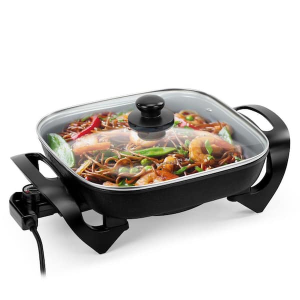 12 in. Black Electric Skillet with Glass Lid and Adjustable Temperature Control