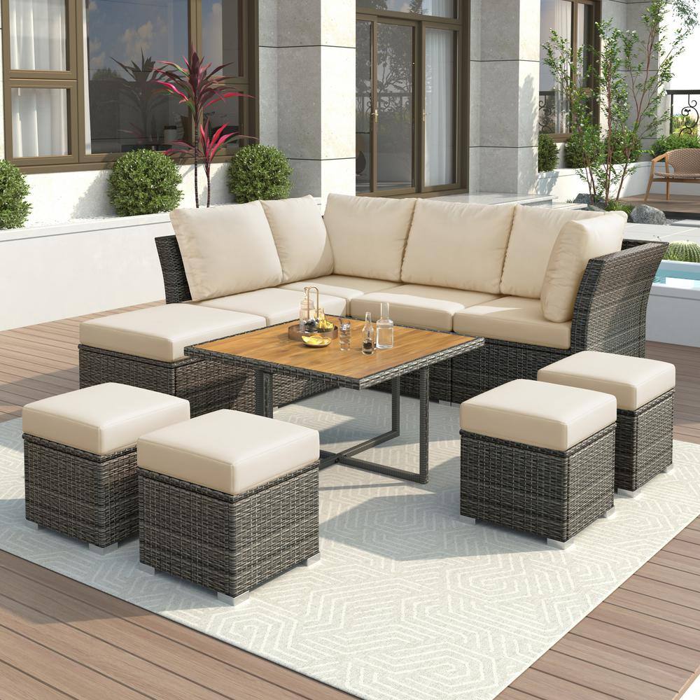 9-Piece Wicker Patio Conversation Set with Solid wood Coffee Table and Otto
