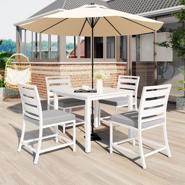 FASHION FINESSE LLC White 5-Piece Metal Square Outdoor Dining Set with Gray Cushion and Umbrella Hole
