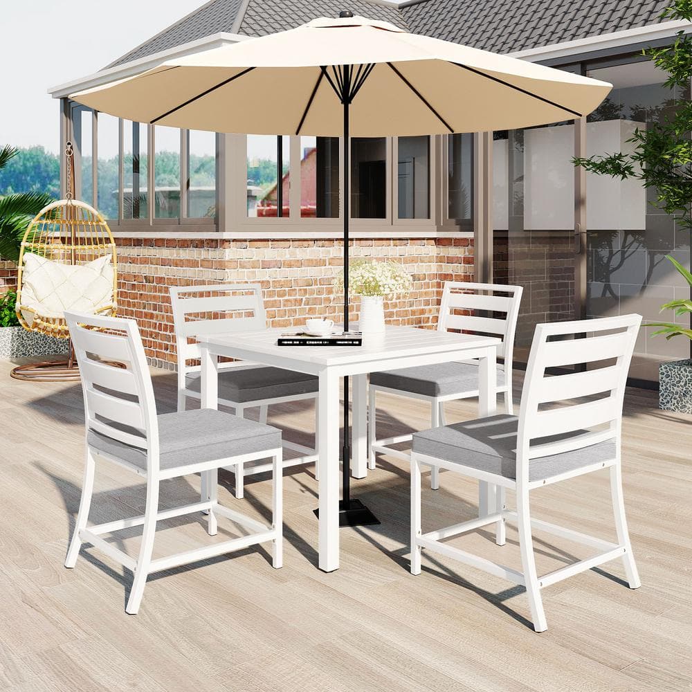 White 5-Piece Metal Square Outdoor Dining Set with Gray Cushion and Umbrell