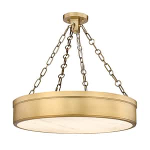 Anders 24-Watt 22 in. 3-Light Rubbed Brass Integrated LED Semi Flush Mount Light with Marbling Parian Plastic Shade