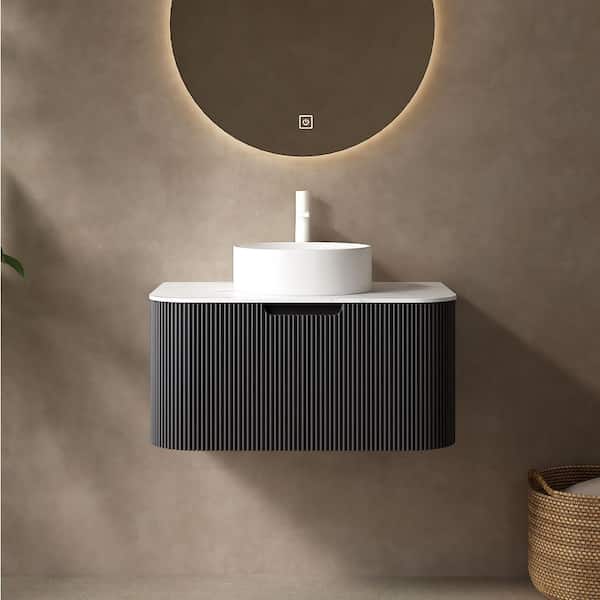 30 in. Floating Gray Bath Vanity with White Engineered Marble Top and Ceramic Vessel, Pre-assembled